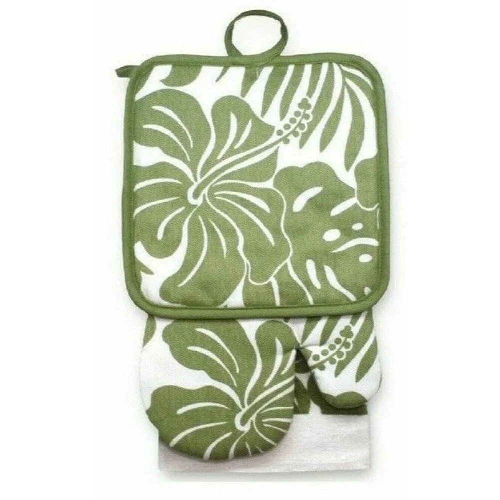 Green Hibiscus Floral Kitchen Dish Towel Oven Mitt Potholder Set of 3 Tropical